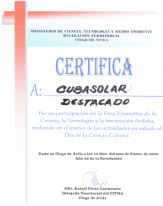 Certificado a Cubasolar Ciego de Ávila